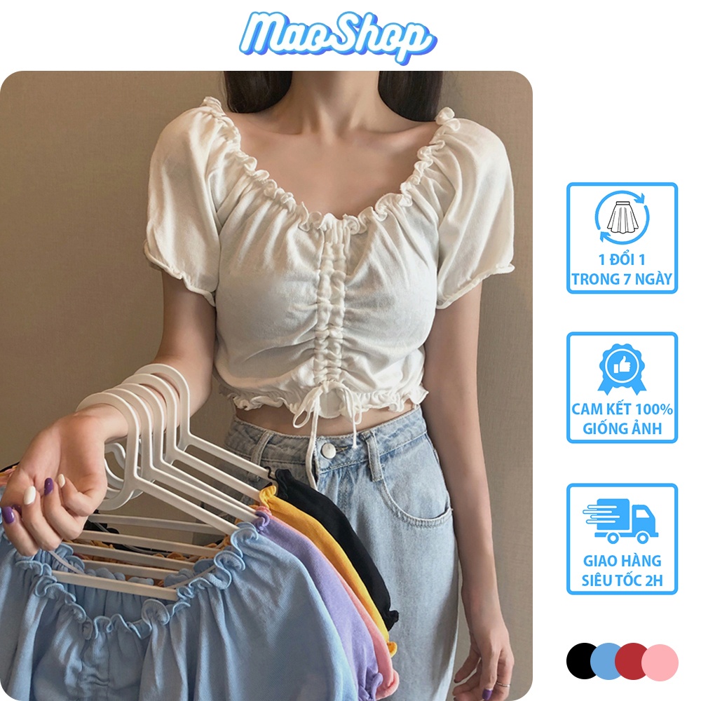 Áo trễ vai dáng croptop kiểu rút dây, Áo croptop len tăm kiểu hở vai rúm ngực Hàn Quốc C75 - Maoshop