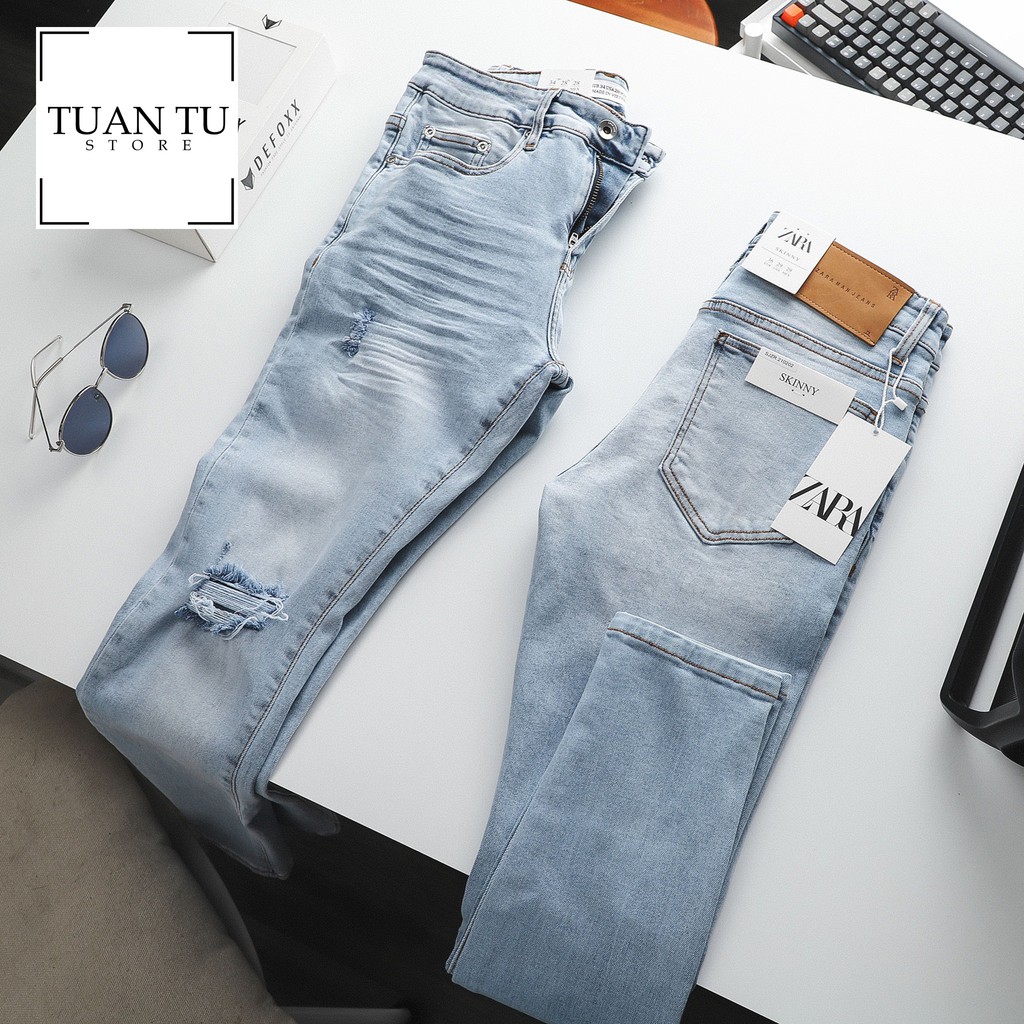 Quần JEAN Skinny zara xanh nhạt ép 3d rách 210202