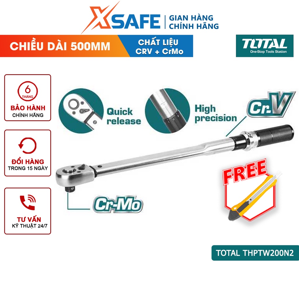 Cờ lê lực TOTAL THPTW200N2 | cần xiết lực Kích thước 1/2 inch, Chiều dài 500 mm, Mô men xoắn 40 - 200 N.m, Chất liệu CRV