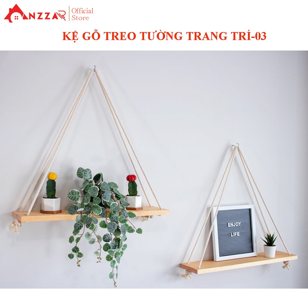 Kệ gỗ treo tường dây thừng decor phòng ngủ, phòng khách trang trí nội thất Anzzar KG03