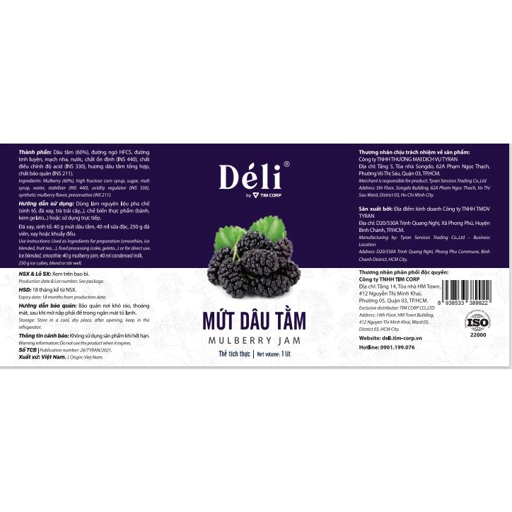 Mứt dâu tằm Déli chai 1L [CHUYÊN SỈ] HSD:18 tháng, nguyên liệu pha chế trà trái cây, soda, smoothie hoặc ăn trực tiếp,..