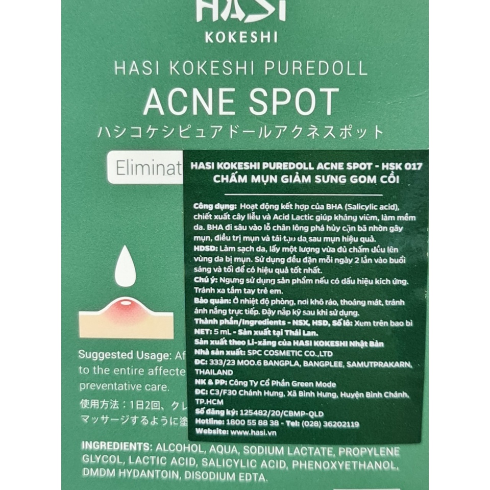 Chấm Mụn Giảm Sưng Và Gom Cồi Mụn HASI Kokeshi Puredoll Acne Spot 5ml