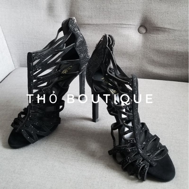 Giày sandal cao gót chiến binh HARSON dây mảnh đan chéo da lộn đen đính đá cách điệu 10cm size 37-38