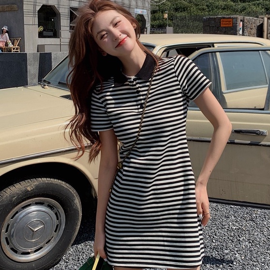 Đầm Thun Ngắn Tay Cổ POLO Họa Tiết Kẻ Sọc Trẻ Trung