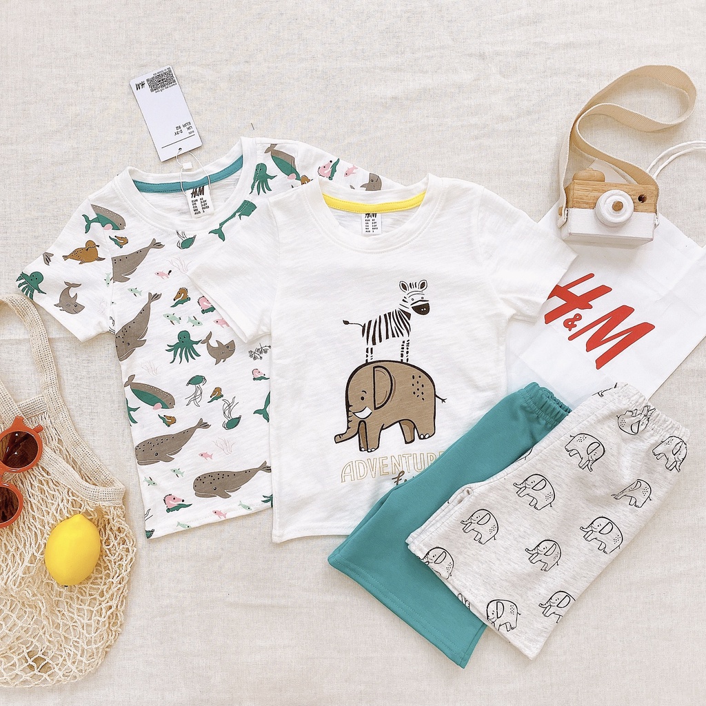 [VNXK] Bộ Đồ HM Cộc Tay Cotton Hè Hàng Xuất Dư Xịn Hình Gấu Thỏ, Khủng Long Đáng Yêu Cho Bé Trai Bé Gái