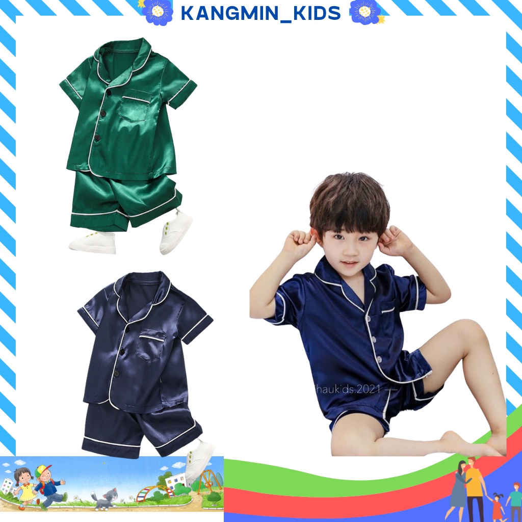 Bộ Pijama lụa Cộc Cho Bé Trai Kangmin kids , Đồ Ngủ pizama cho bé trai bé gái Cực Mát Cho Bé Từ 6kg-28kg