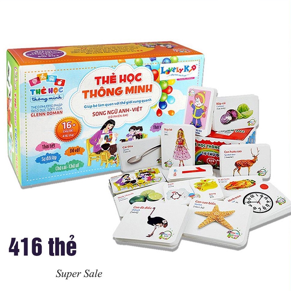 Bộ thẻ học thông minh song ngữ 416 thẻ gồm 16 chủ đề khác nhau cho bé