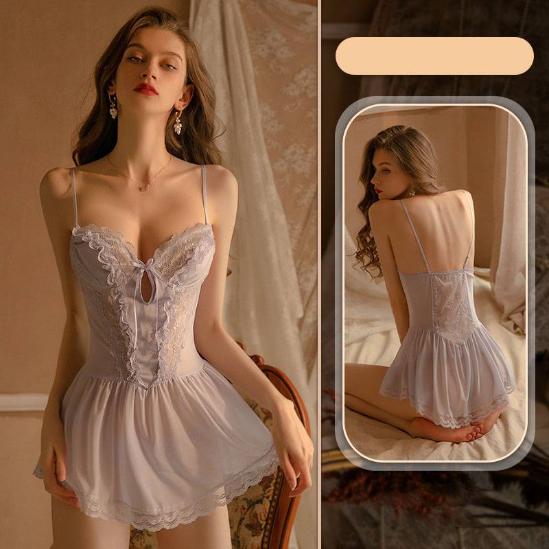 Đầm ngủ hai dây phối ren cổ chữ V khoét sâu gợi cảm cho nữ