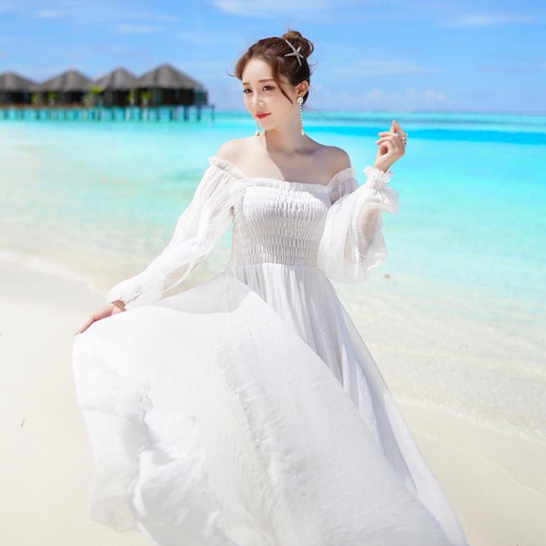 PA (Hàng có sẵn❤️❤️❤️) Đầm/Váy Maxi Trắng Trễ Vai Tay Dài