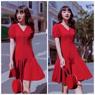 Đầm đỏ đuôi cá nút bọc v2 (kèm hình thật)