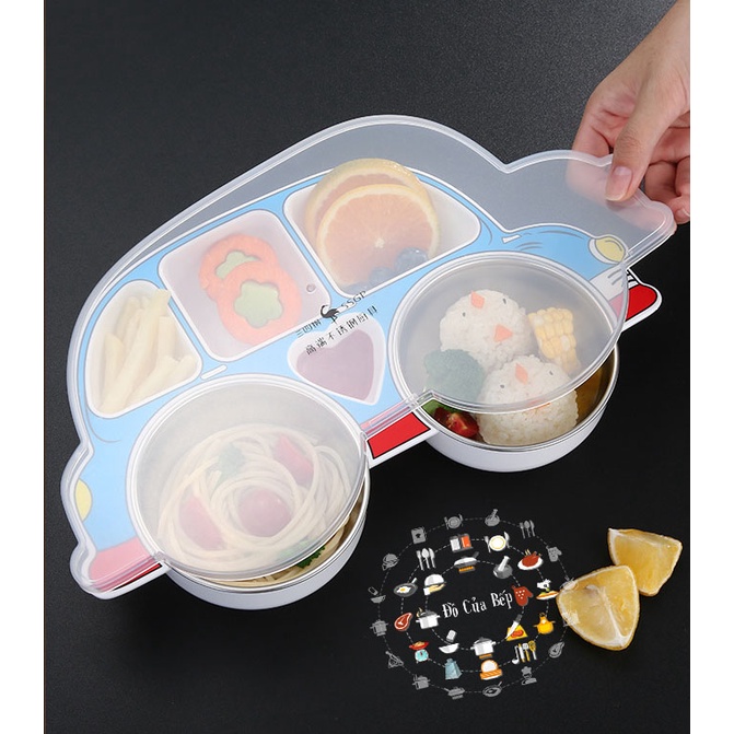 Khay ăn dặm bằng nhựa có nắp 6 ngăn bằng inox 304 cho bé có hình tàu thủy và oto dễ thương kèm theo muỗng nĩa