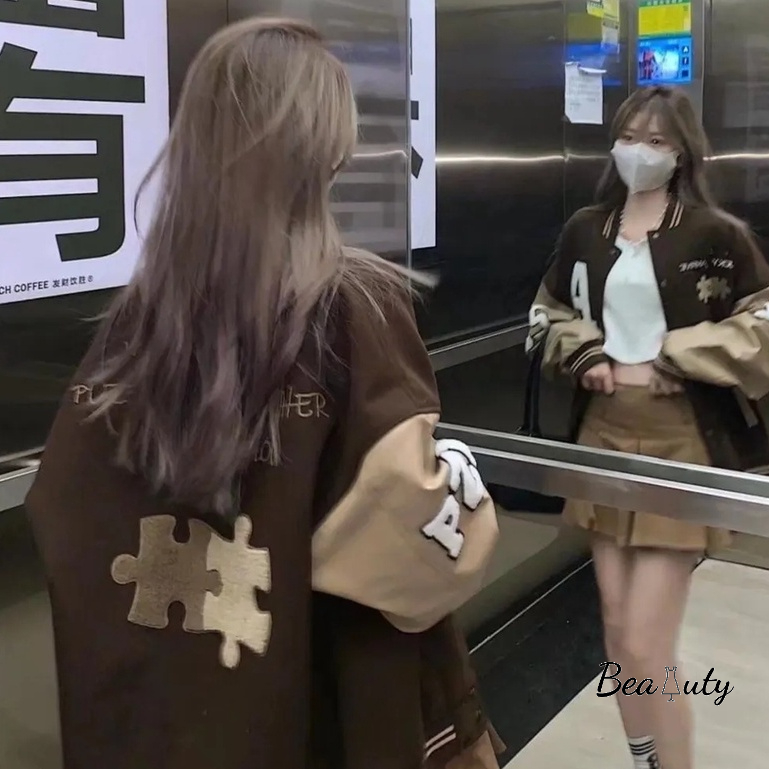 [MURIOKI] Áo Khoác Bóng Chày Họa Tiết Thêu Màu Cà Phê Phong Cách retro Thời Trang Xuân Thu 2022 Mới