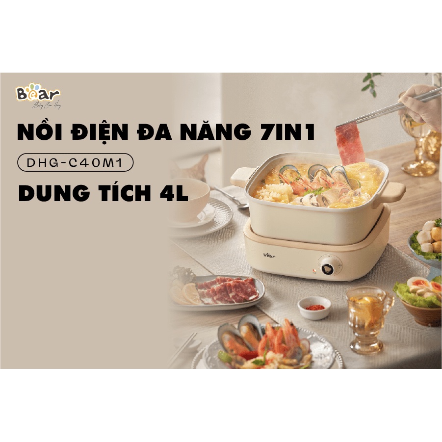 Nồi lẩu uyên ương 1 ngăn 4L Bear C40M1 đa năng, công suất 1500W, bếp nấu mì, chiên,xào, hầm cho cả gia đình, BH 12 tháng