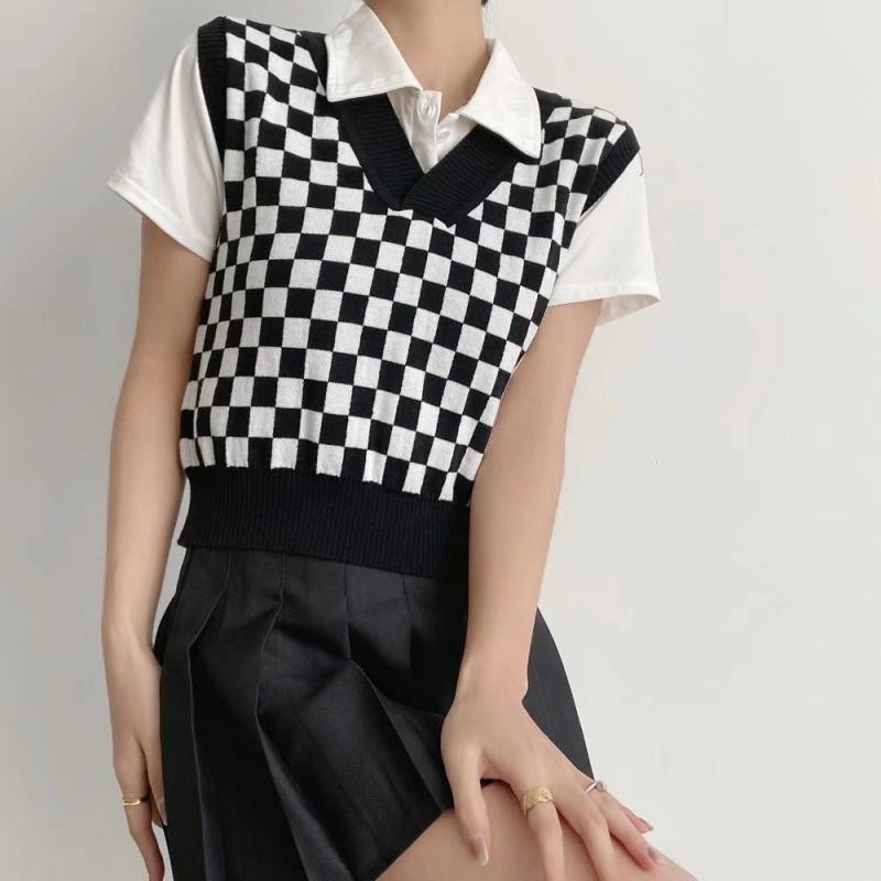 Áo ghi lê dệt kim cổ chữ V dáng rộng phong cách retro Nhật Bản