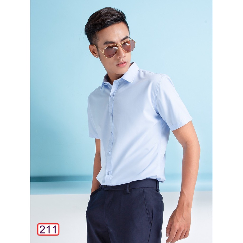 Áo Sơ Mi Nam Ngắn Tay Hàn Quốc 211 Cổ Bẻ Vải Lụa Chống Nhăn Cực Đẹp - Hazo