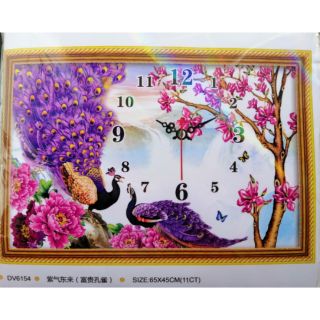 Tranh thêu chữ thập đồng hồ 2 chim công (chưa thêu) DV6154