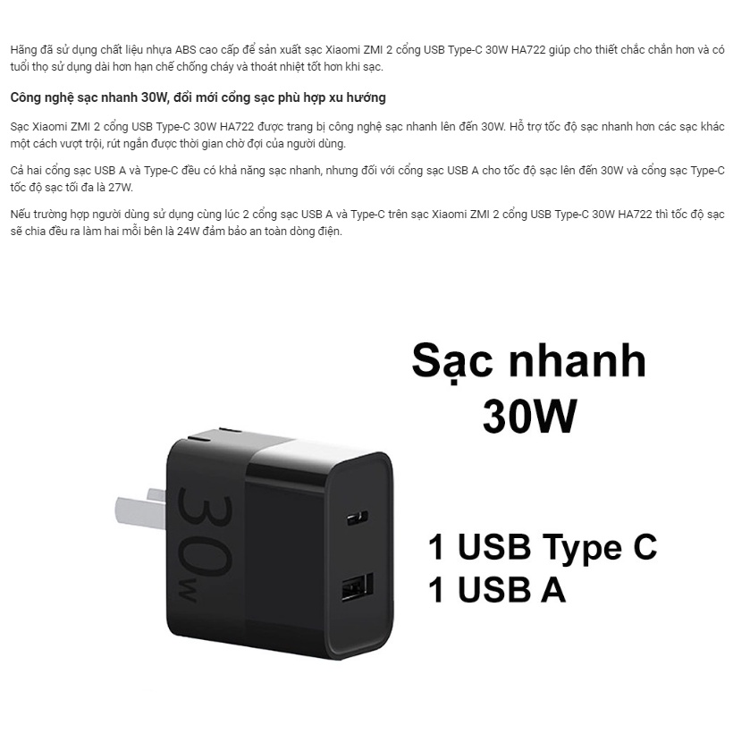 Hoả tốc | Củ sạc nhanh 30W Xiaomi ZMI HA722 | 2 cổng USB Type-C | Adapter sạc nhanh 18W XIAOMI ZMI HA612 | MIHOANGGIA