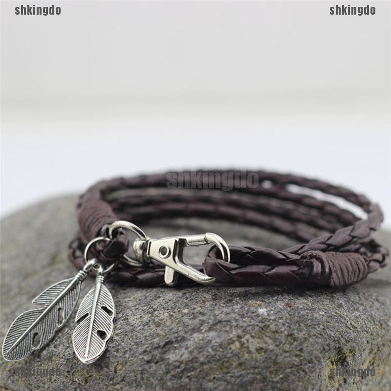 Vòng đeo tay da PU trang trí mặt lông vũ thời trang cho nam