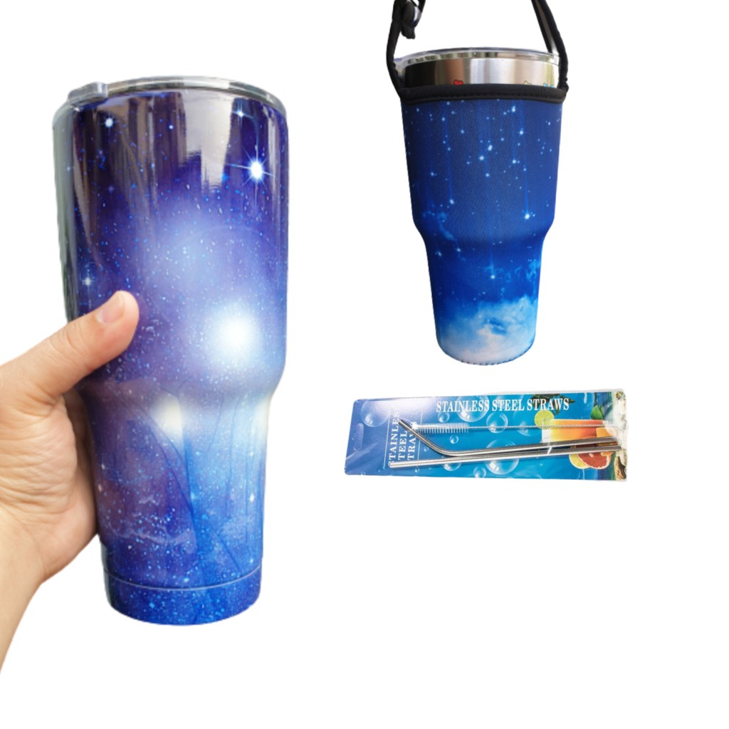 COMBO LY GIỮ NHIỆT GALAXY XANH 900ML CÓ TÚI + 2 ỐNG HÚT + CỌ
