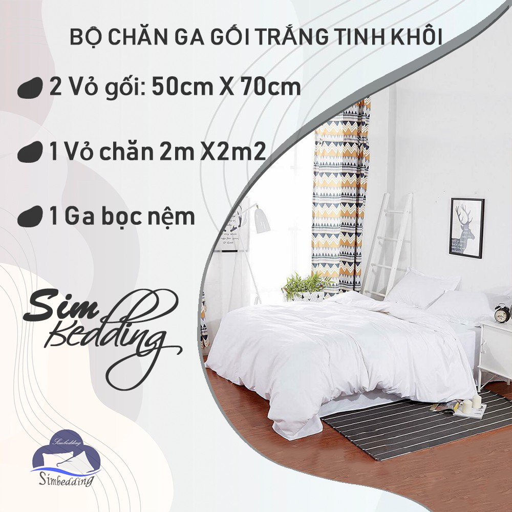 Bộ chăn ga khách sạn 💎SALE💎 trắng tinh khôi cotton nhập khẩu cao cấp gồm ga giường bo chun 2 cỏ gối và 1 vỏ chăn