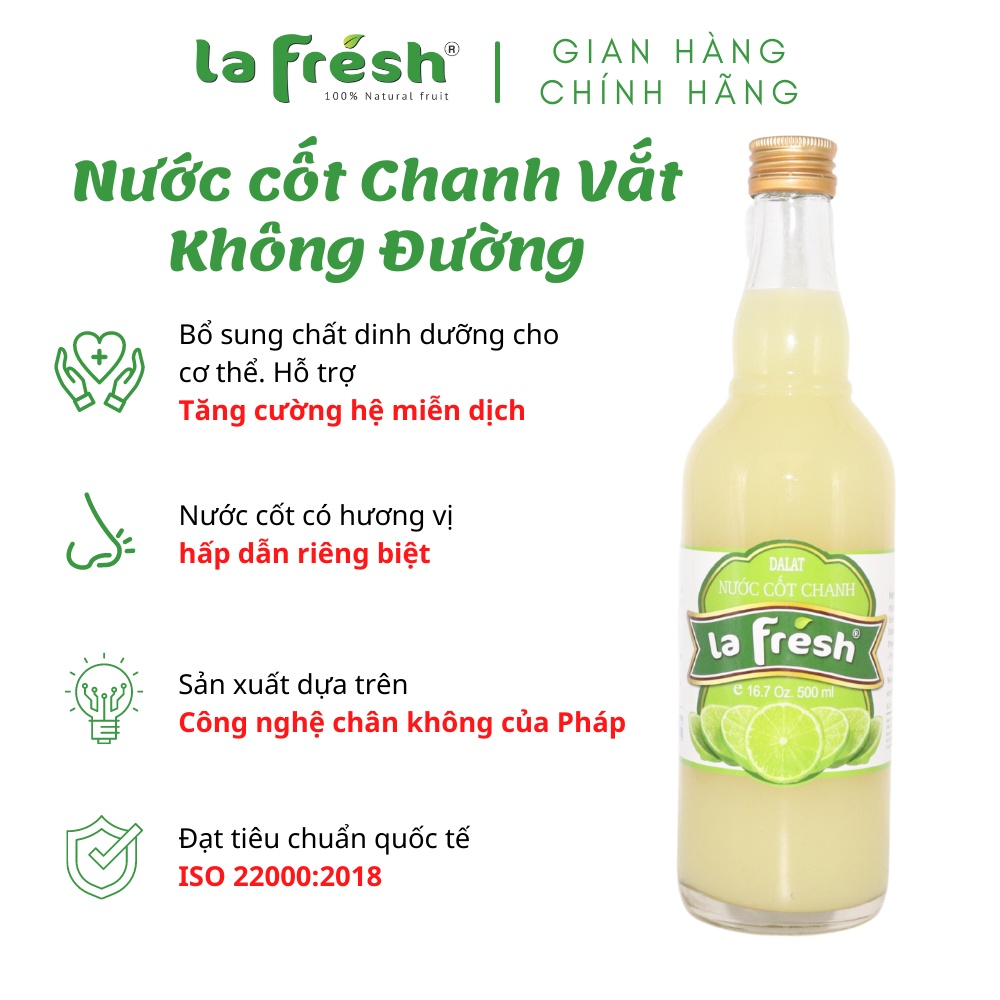 [Mã 154FMCGSALE giảm 8% đơn 500K] Nước Cốt Chanh Vắt Không Đường, Nguyên chất 100% LAFRESH, chai 500ml