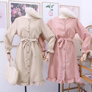 Váy dài tay thắt eo Hàn Quốc - (ORDER)