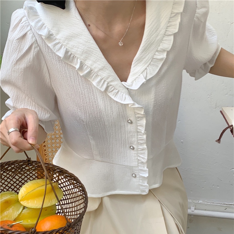 SUXI Áo Sơ Mi Tay Ngắn Cổ Chữ V Màu Sắc Đơn Giản Phong Cách Hàn Quốc Cho Nữ