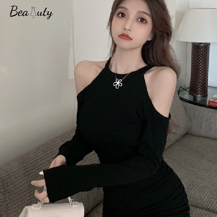 [MURIOKI] Đầm Mini Trễ Vai Màu Đen / Xám Tay Dài Dáng Ôm Phong Cách Hàn Quốc Thời Trang Cho Nữ