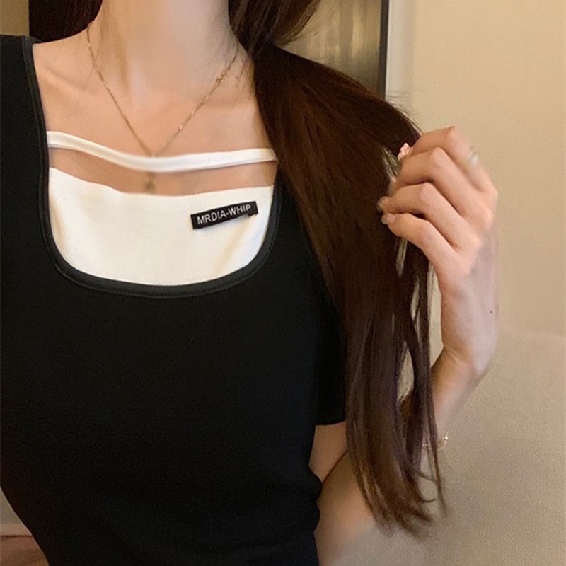 Đầm Dệt Kim Tay Ngắn Cổ Vuông Màu Sắc Tương Phản Thời Trang Mùa Hè Phong Cách Hàn Quốc Cho Nữ