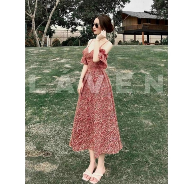 Váy đầm nữ dáng xòe hia dây trễ vai họa tiết dễ thương