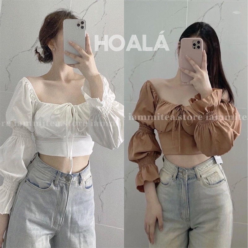 Áo Kiểu Trễ Vai Thắt Nơ Tay Bồng Nữ Tính A41
