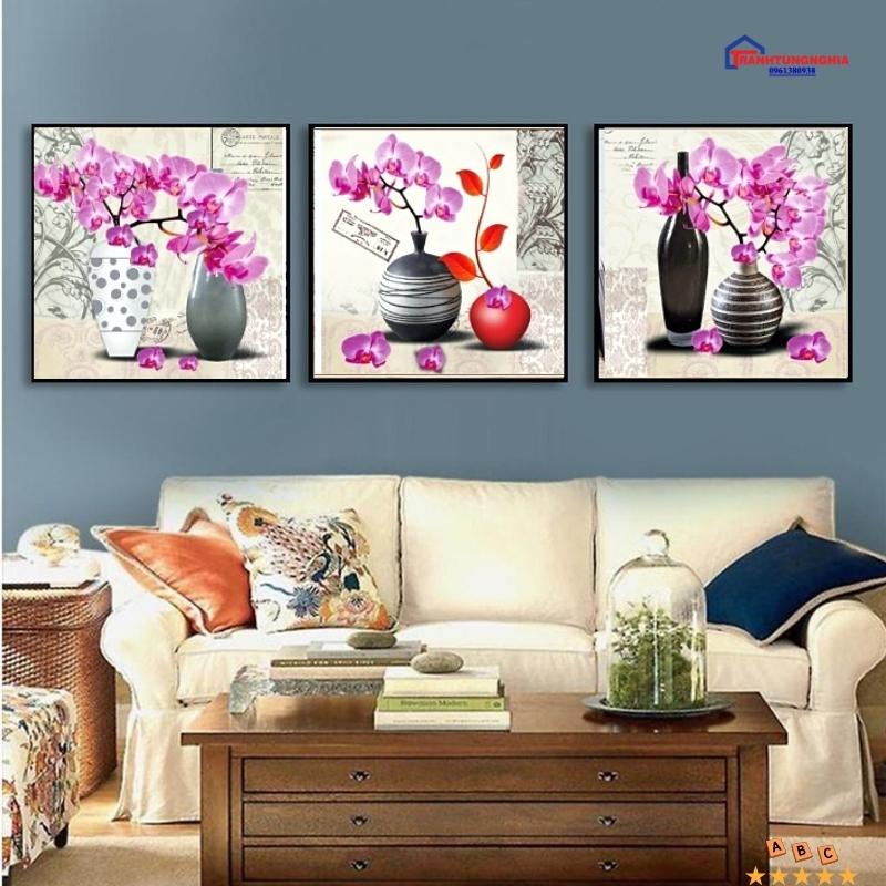 Tranh đính đá, tranh thêu chữ thập bình hoa bộ 3 bức