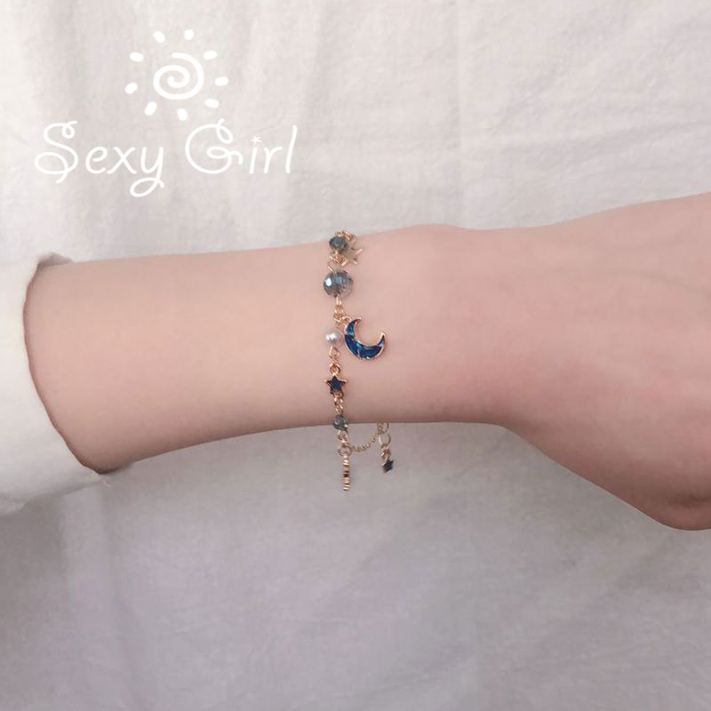 Vòng Tay Chuỗi Hạt Hình Ngôi Sao Mặt Trăng Màu Hồng / Xanh Dương Thời Trang Cho Nữ