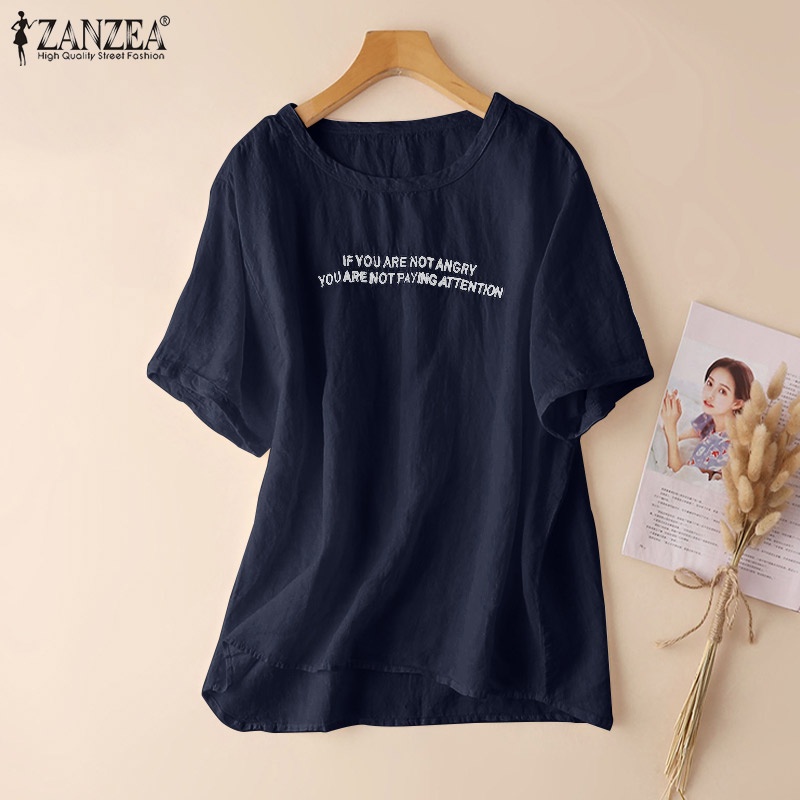 Áo thun Zanzea tay ngắn cổ tròn thêu chữ đơn giản thời trang cho nữ