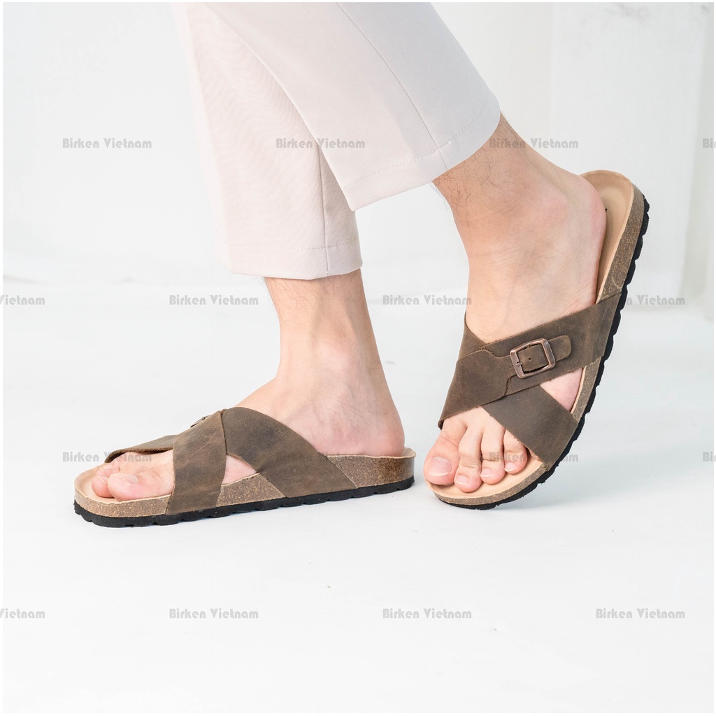 Mã D17 DÉP DA BÒ Đế Trấu Quai Đan Chéo Unisex Birken Vietnam Bioline