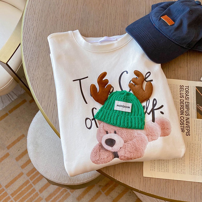 Áo Thun Tay Dài Cổ Tròn Dáng Rộng In Họa Tiết Hoạt Hình Dễ Thương Cho Nữ