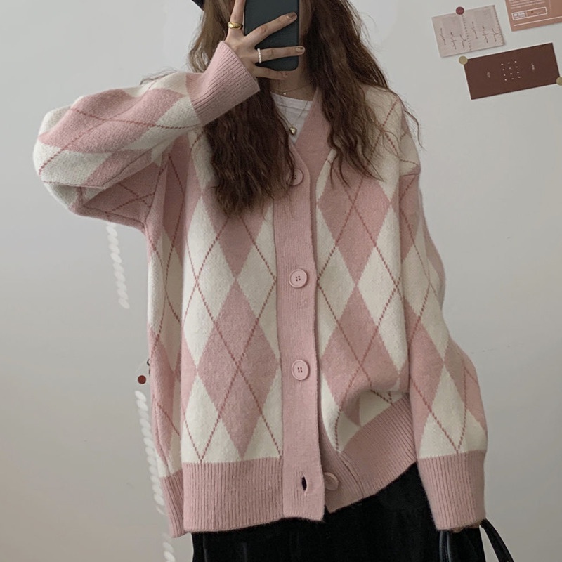Áo khoác cardigan dệt kim dáng rộng họa tiết kim vương thời trang thu đông cho nữ