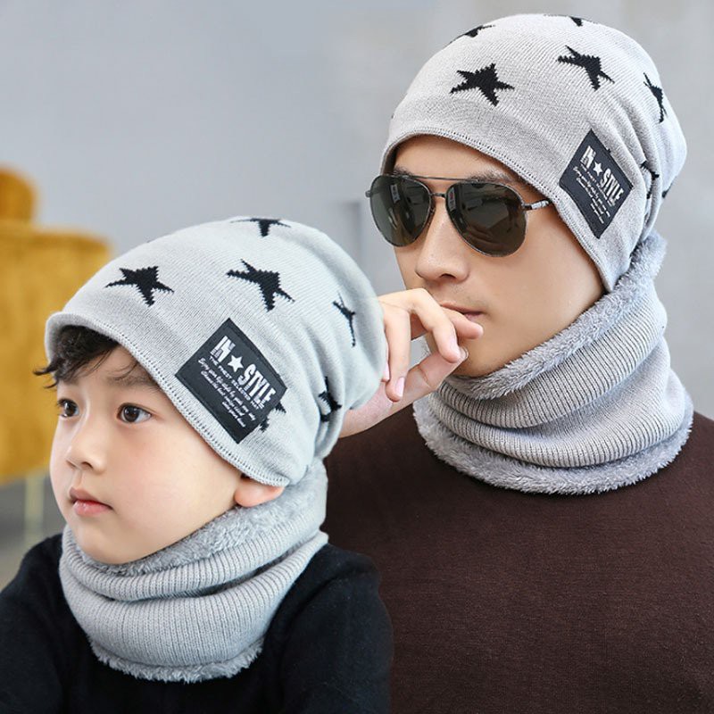 [GIÁ TỐT NHẤT] Set Mũ len kèm khăn hình sao có lót lông cho trẻ em
