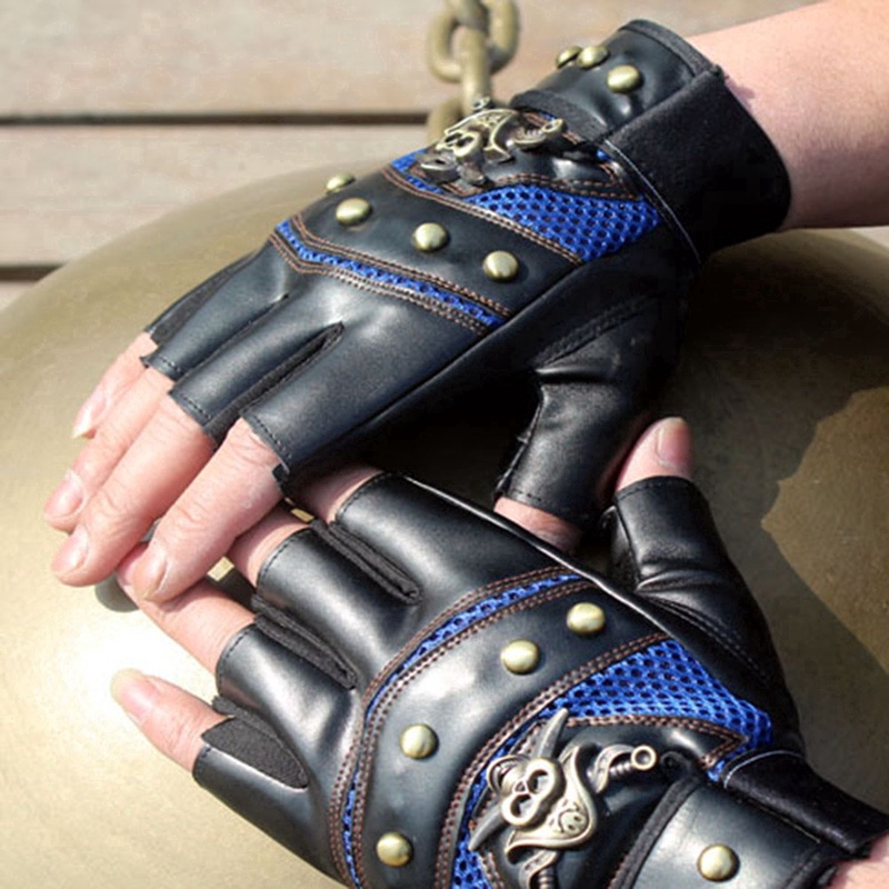 Găng Tay Da Hở Ngón Chống Nắng Thoáng Khí Họa Tiết Đầu Lâu