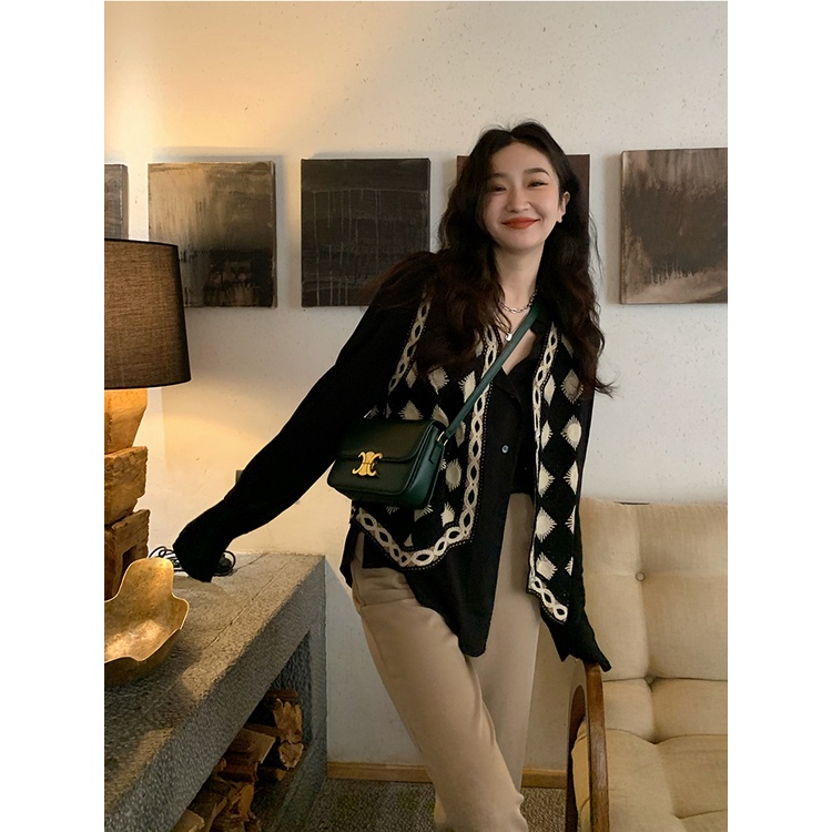 SUXI Áo dệt kim không tay màu đen thời trang mùa thu xinh xắn cho nữ