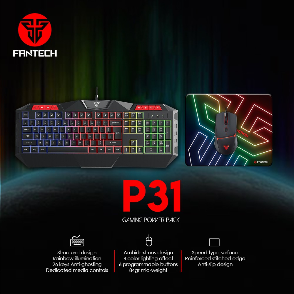 Combo Bàn Phím + Chuột + Lót Chuột Gaming FANTECH P31 GAMING POWER PACK Phím LED Backlit Rainbow  26 Phím Anti Ghosting