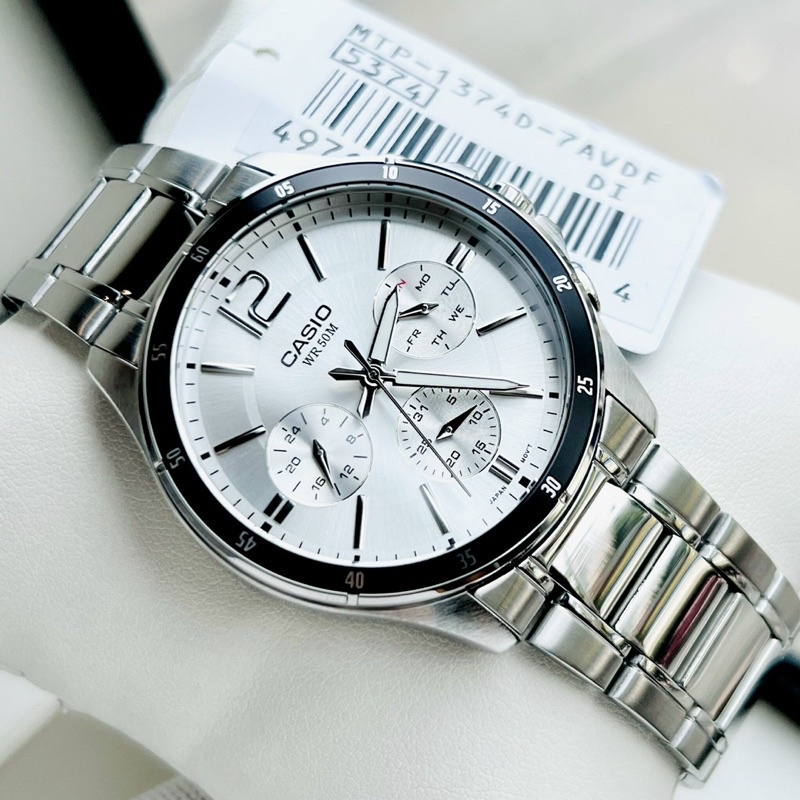 Đồng hồ Nam Casio MTP-1374D-7AV, đồng hồ chính hãng, dây bạc mặt trắng viền đen 6 kim