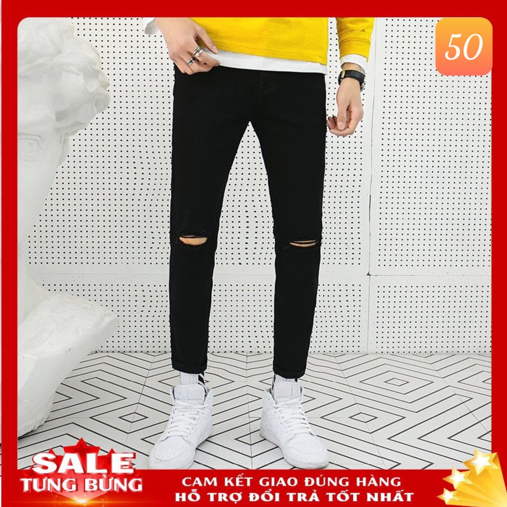 Quần jean nam rách vá màu đen đậm chất liệu bò cao cấp co dãn 4 chiều form dáng skinny Q4 kiểu mới | BigBuy360 - bigbuy360.vn