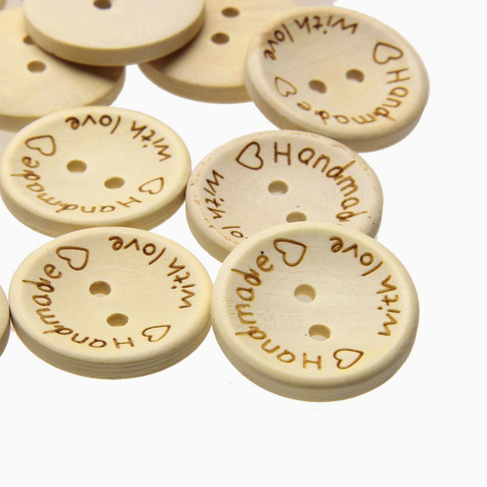 Set 100 cúc áo gỗ 2 lỗ 15mm in chữ Handmade DIY