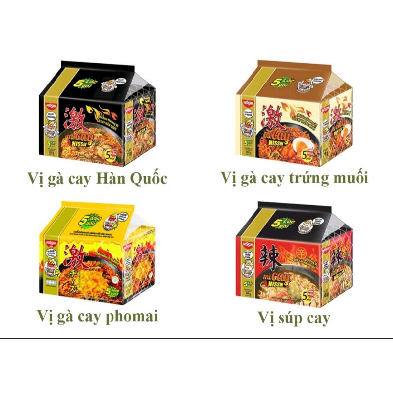 Lốc 5 Mì Cay Nissin 4 Vị: Gà Cay Hàn Quốc, Gà Cay Trứng Muối, Gà Cay Phomai, Súp Cay Hàn Quốc