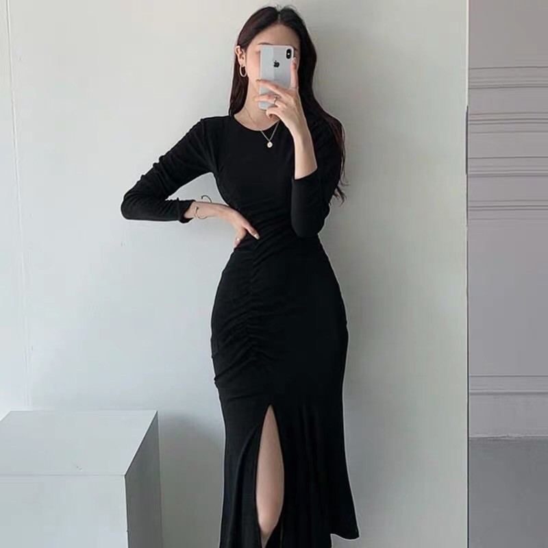Váy body dài tay đuôi cá xẻ trước sang chảnh
