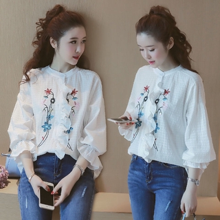 Áo Sơ Mi Tay Dài Họa Tiết Thêu Thời Trang Cho Nữ