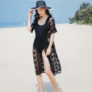 Áo choàng đi biển ren ( đen- trắng)