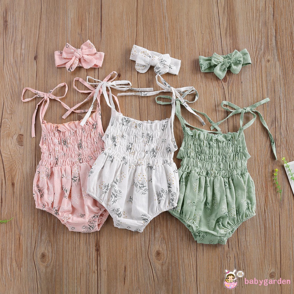 Áo liền quần in hoa + băng đô nơ cho bé gái