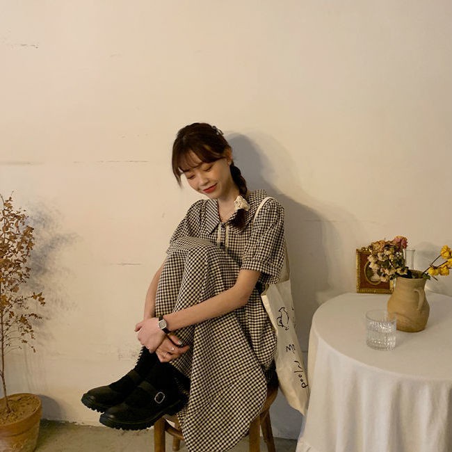 Đầm Dáng Rộng Kẻ Sọc Caro Trắng Đen Phong Cách Retro Nhật Bản Cho Nữ